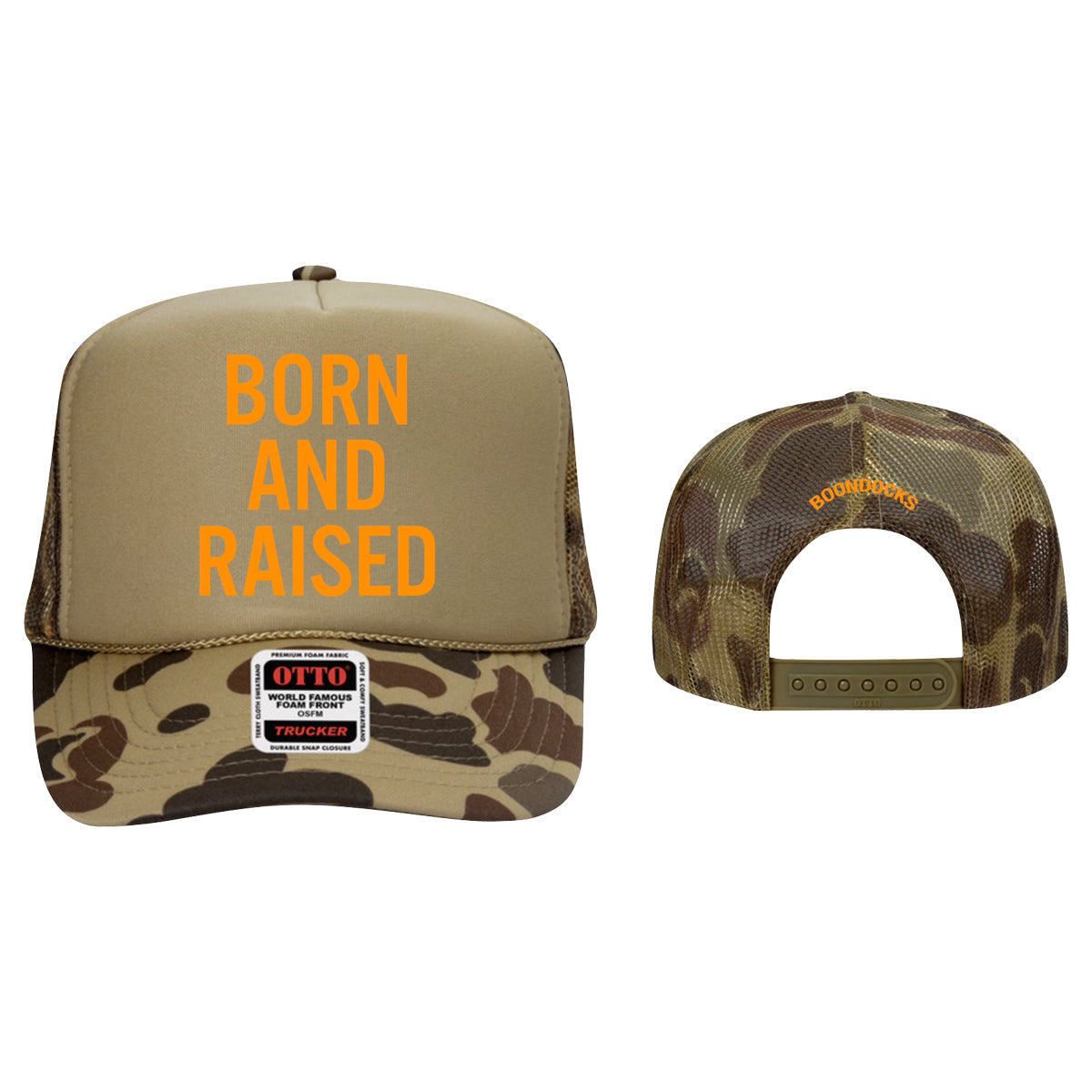 BORN AND RAISED CAMO TRUCKER HAT