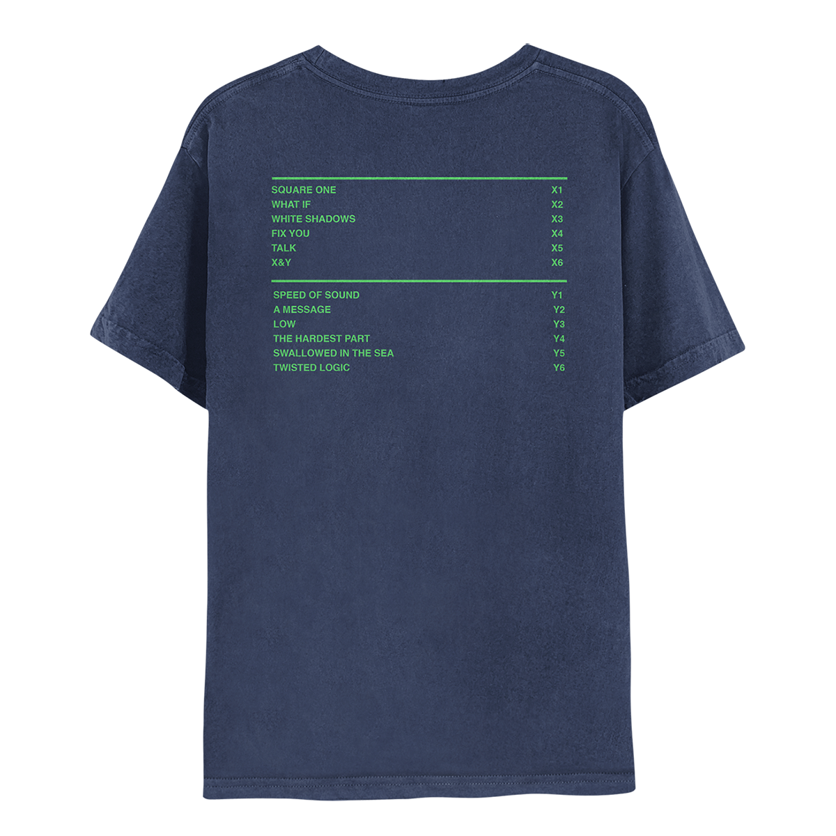 2: Back: track list is printed in neon green: SQUARE ONE, WHAT IF, WHITE SHADOWS, FIX YOU, TALK and X&Y are marked as X1 through X6; SPEED OF SOUND, A MESSAGE, LOW, THE HARDEST PART, SWALLOWED IN THE SEA and TWISTED LOGIC are marked Y1 through Y6. The 2 columns are divided by a neon green line