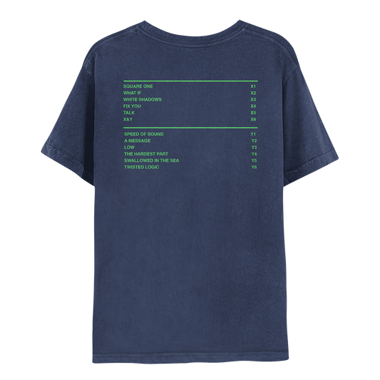 2: Back: track list is printed in neon green: SQUARE ONE, WHAT IF, WHITE SHADOWS, FIX YOU, TALK and X&Y are marked as X1 through X6; SPEED OF SOUND, A MESSAGE, LOW, THE HARDEST PART, SWALLOWED IN THE SEA and TWISTED LOGIC are marked Y1 through Y6. The 2 columns are divided by a neon green line