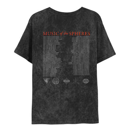 Back:MUSIC OF THE SPHERES in red, above 2022 tour dates in white, in 2 columns;Geometric symbols sit below. Spiral triangle, a fixed border with lines creating a swirl inside. Circles within a circle creating a black hole effect. A square standing on it's edge with smaller squares layered inside; A cube within a 2-D hexagon with lines extending through the top & the lower left and right sides. A set of circles stacked vertically, widening at the middle like a planet's ring. Fabric is washed out dark gray