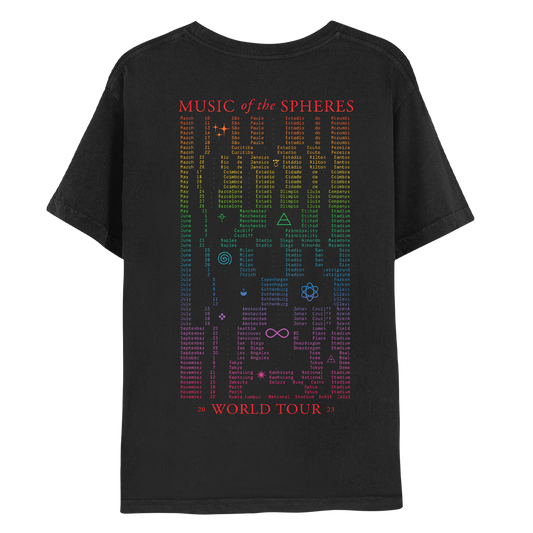 Back: MUSIC of the SPHERES WORLD TOUR 2023 in red; dates printed in a vertical rainbow gradient from red to fuchsia. Geometric symbols are spaced throughout. A lilac triangle with a horizontal line, means air in alchemy, orange sparkles as stars, a purple cross made of squares, a pink infinity sign, a green atom with elliptical orbits & electrons spinning around a nucleus, a yellow spiral swirl as a cyclone, a pink fuchsia sun with wavy rays & 2 blue crescent moons with a triangle in the center.