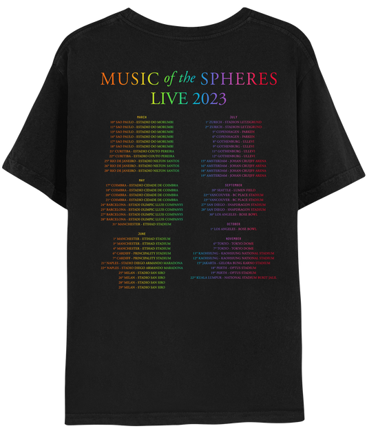Back: MUSIC OF THE SPHERES and 2023 tour dates, cities and stadiums, in a neon colors gradient of orange, yellow, green, blue, violet, pink and red. LIVE 2023, in light green, yellow, blue, and purple. The dates go from March to November, organized in 2 columns.