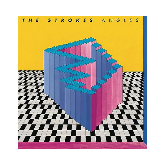 Album cover art featuring a geometric design with pink and blue blocks on a checkered background, with the album title 'Angles' and the artist name 'The Strokes'.
