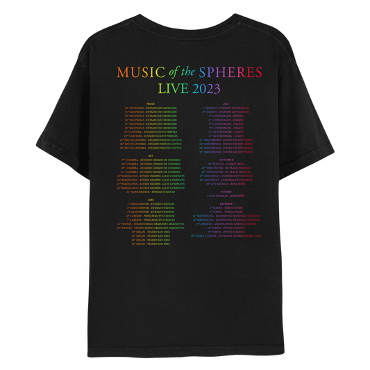 2: Back: MUSIC OF THE SPHERES and 2023 tour dates, cities and stadiums, in a neon colors gradient of orange, yellow, green, blue, violet, pink fuchsia and red. LIVE 2023, in light green, yellow, blue, purple and pink. The dates go from March to November, organized in 2 columns