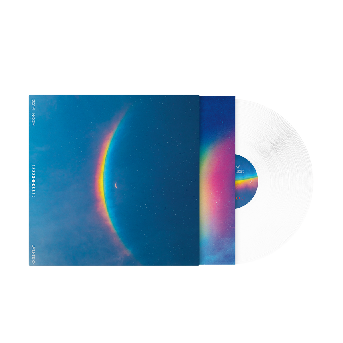 1: Vinyl record&sleeve. The artwork features a crescent moon in the center, with a large, arced rainbow light dispersion to the left. The colors created by the light dispersion flow from red to orange, yellow, green, light&dark blue, on a blue sky filled with stars. In white, Moon Music&Coldplay are written. An11face moon cycle is arranged vertically from??to??in the center, back to??The record center label mirrors the artwork colors, in a radiant spectrum of blue, pink, purple, yellow&green shades.