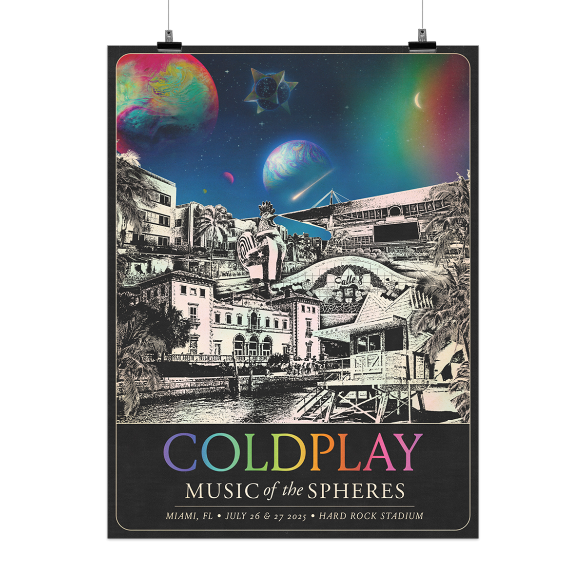 The spheres,??&??on starry night sky above city landmarks: Calle Ocho/Little Havana’s walk of fame&roosters dressed as farmers, carpenters&doctors. Vizcaya Museum&Gardens with swimming pool, orchids, stone??&terrace by the ocean. Ocean Drives hotels&restaurants. Freedom Tower. Cape Florida Lighthouse. Hard Rock???Miami Beach of white sand&turquoise water. A?????&??adorn a lifeguard hut. COLDPLAY written in neon tones. MUSIC OF THE SPHERES, dates&venue