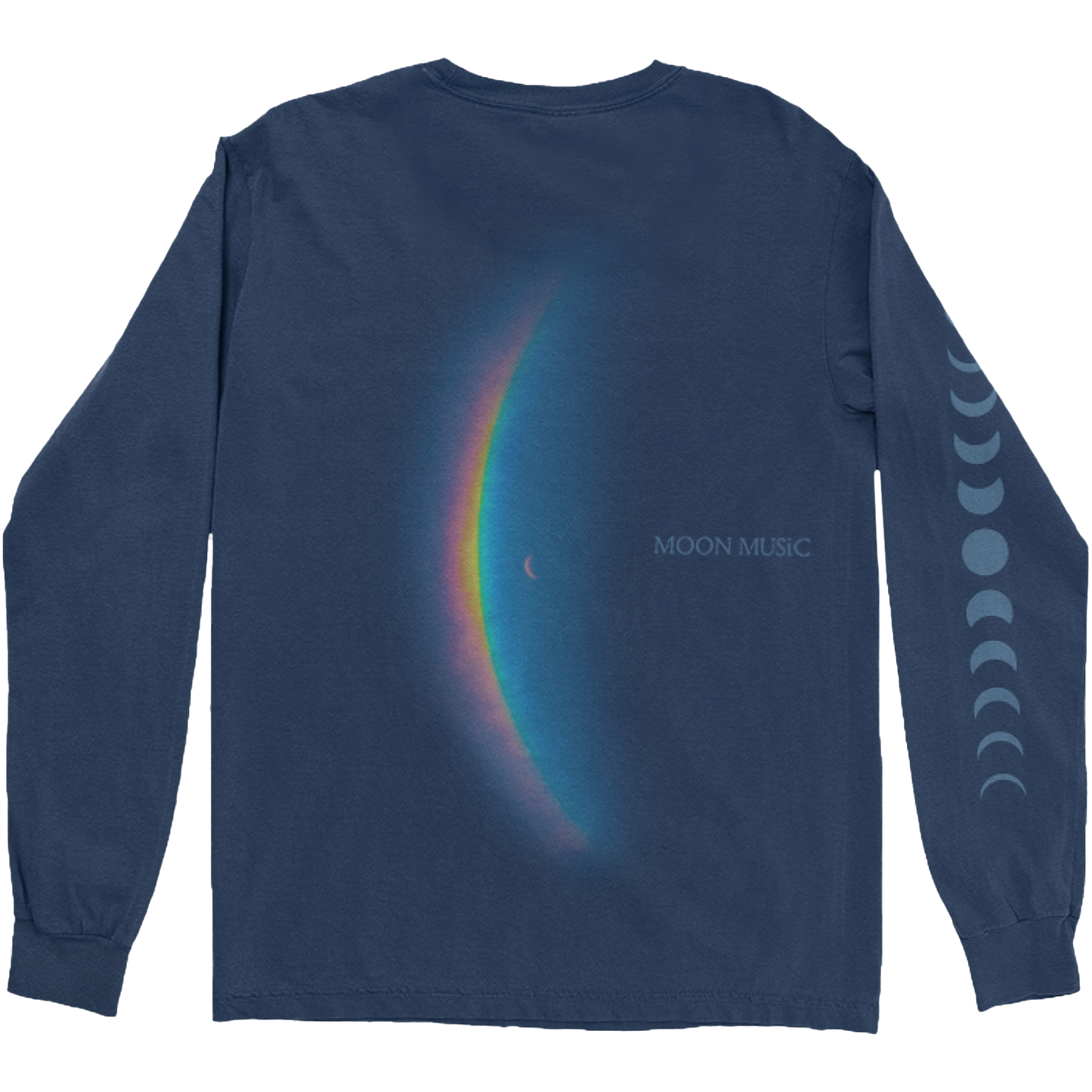 Back: features the album artwork crescent moon to the right of a large, arced rainbow prism. The prism colors flow from red to orange, yellow, green, light and dark blue. Next to it, MOON MUSIC is printed in light blue in a serif-style.