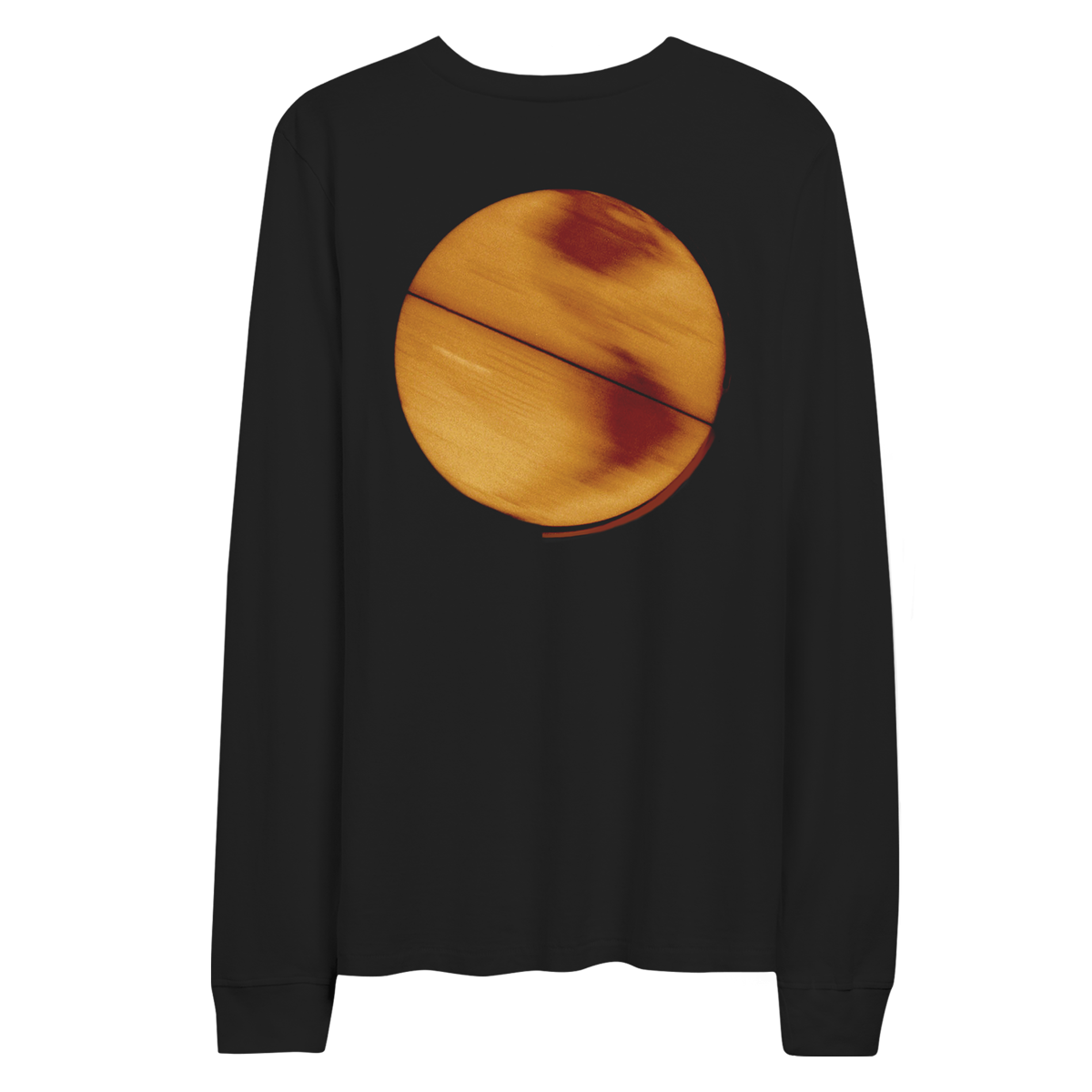 2: Back: a yellow globe like the earth, illuminated from within. The center is bright, flowing from gold and amber tones to darker shades towards the edge. It has reddish patches as continents, and horizontal lines running across as though the globe is spinning. Its background is composed of black and dark brown hues