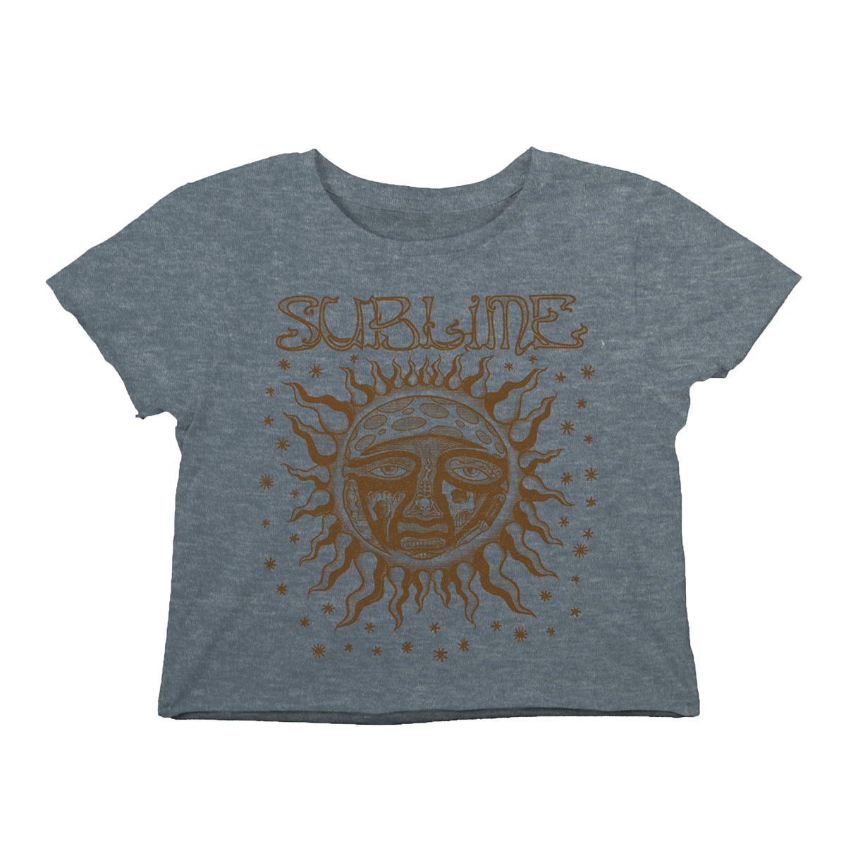 A gray cropped t-shirt with a woodcut sun and the brand name 'Sublime' printed on the front.