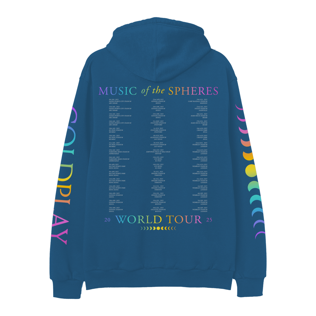Back: MUSIC OF THE SPHERES printed across the shoulders in a gradient of purple, light blue, green, yellow, orange, pink and fuchsia, above dates and cities in gray. On the low back, an 11-phase lunar cycle is shown in shades of green, yellow and orange, from new moon to full moon in the center and back, below the dates and WORLD TOUR 2025 in a matching gradient.