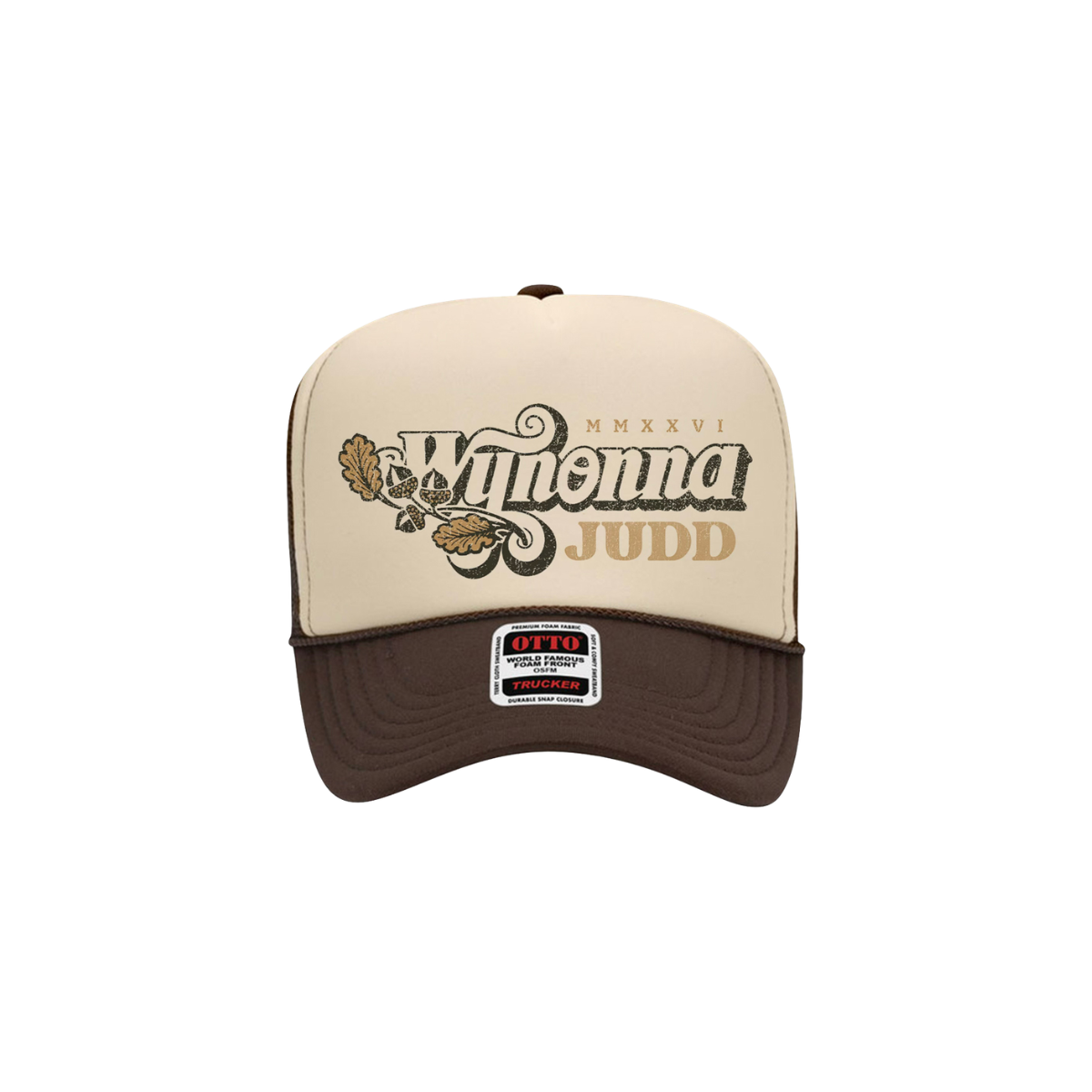 Classic fitting brown and khaki mesh back trucker hat featuring a Wynonna Judd design printed on the front. 