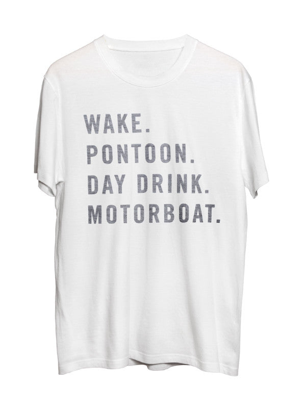 WHITE MOTORBOAT TEXT T-SHIRT