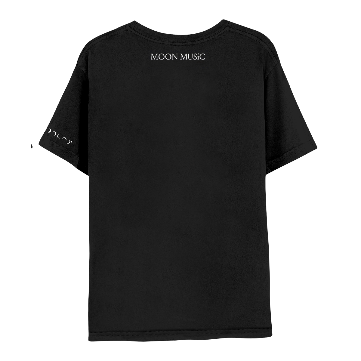 Back: MOON MUSIC is printed small just under the neckline. The text is in white serif style, with small lines or strokes attached to the ends of the letters.