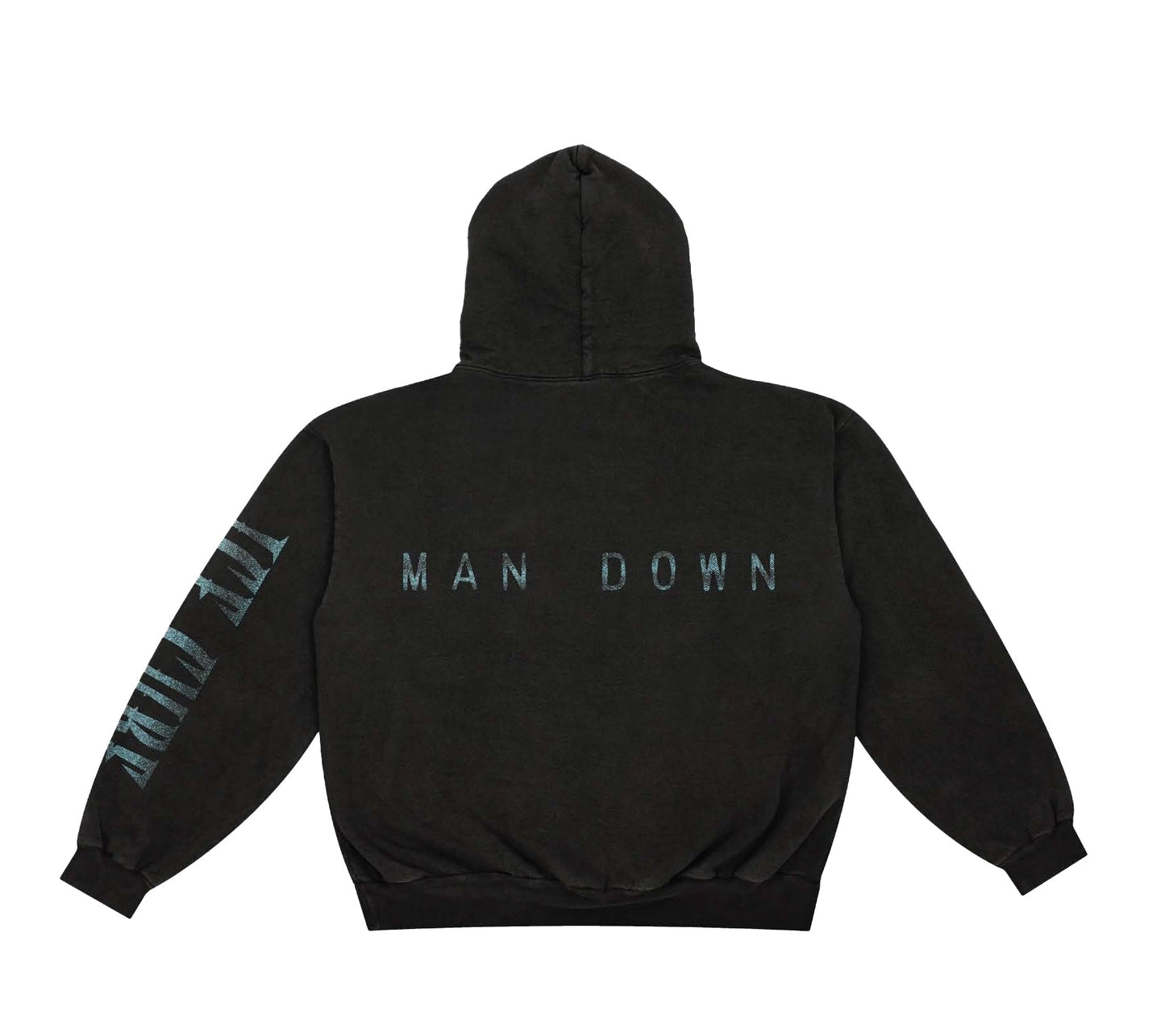 Black hoodie featuring Man Down album image of a child standing near a fallen figure and car. "Ice Cube" blue text on the sleeve.
