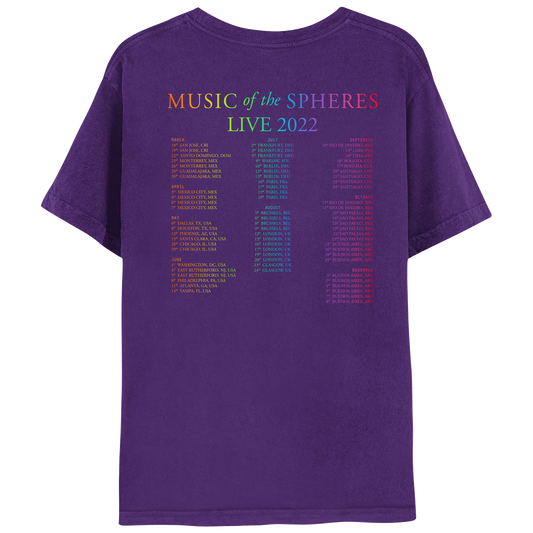 Back: MUSIC OF THE SPHERES, and 2022 tour dates&cities, in a neon colors gradient of orange, yellow, green, blue, violet, pink fuchsia and red. LIVE 2022, in light&dark greens, blues&purples. The dates go from March to November, organized in 3 columns. The shirt is purple. The background of the planets in their orbital circles is purple as well