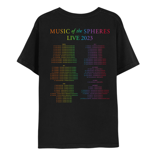 2: Back: MUSIC OF THE SPHERES and 2023 tour dates, cities and stadiums, in a neon colors gradient of orange, yellow, green, blue, violet, pink fuchsia and red. LIVE 2023, in light green, yellow, blue, purple and pink. The dates go from March to November, organized in 2 columns