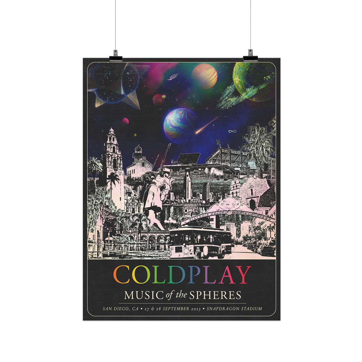 1: The spheres,??&a rainbow arc on a starry night sky above city landmarks: The Unconditional Surrender sculpture in the embarcadero of the bay, where a sailor and a nurse kiss to celebrate the end of World War II. Snapdragon Stadium. A famous old church. The San Diego Zoo. Balboa Park’s California Tower. A trolley, and palm trees. A????circle&??adorn the Historic Heart of San Diego. COLDPLAY written in neon rainbow colors. MUSIC OF THE SPHERES, dates&venue