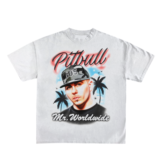 White t-shirt with a graphic of Pitbull wearing a hat that has 305 on the front and palm trees in the background, with 'Pittbull Mr. Worldwide' text.