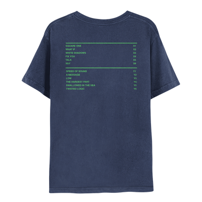 2: Back: track list is printed in neon green: SQUARE ONE, WHAT IF, WHITE SHADOWS, FIX YOU, TALK and X&Y are marked as X1 through X6; SPEED OF SOUND, A MESSAGE, LOW, THE HARDEST PART, SWALLOWED IN THE SEA and TWISTED LOGIC are marked Y1 through Y6. The 2 columns are divided by a neon green line