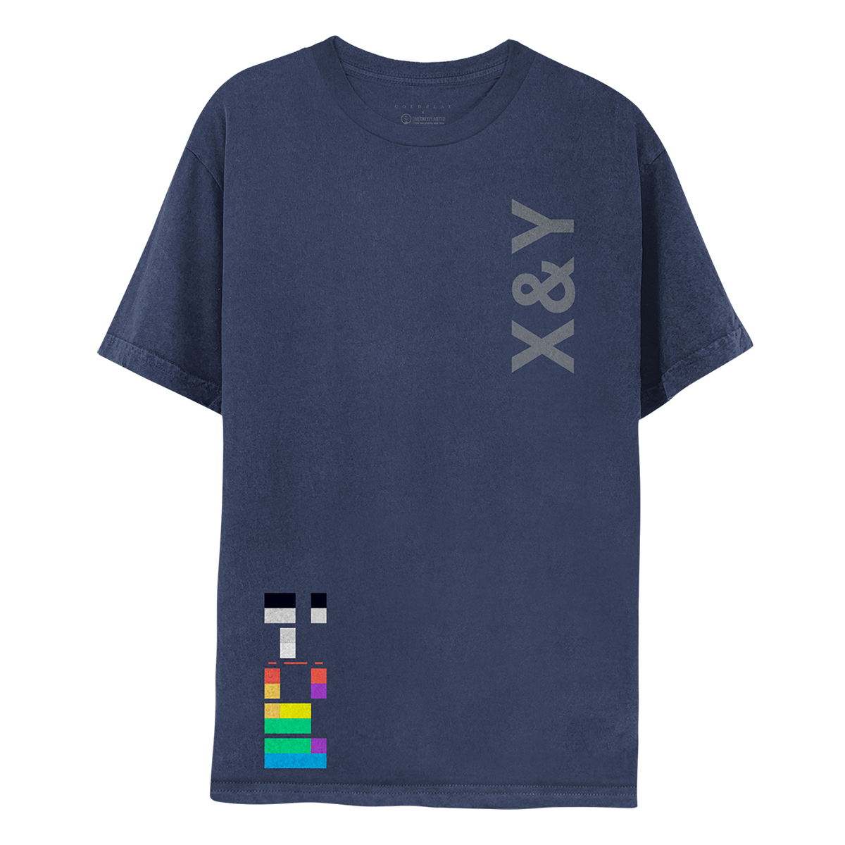 1: Front: X&Y vertically printed in grey on the left of the chest. On the bottom right, multicolored blocks like a puzzle of domino pieces signify binary code. A square means 1; a gap 0. When decoded, the squares read X&Y. Colors of the blocks include red, orange, green, white, blue, black, gray, yellow and violet. The shirt is a faded navy.