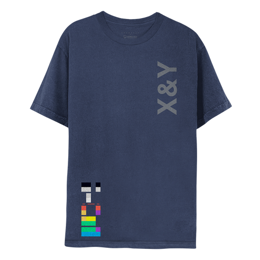 1: Front: X&Y vertically printed in grey on the left of the chest. On the bottom right, multicolored blocks like a puzzle of domino pieces signify binary code. A square means 1; a gap 0. When decoded, the squares read X&Y. Colors of the blocks include red, orange, green, white, blue, black, gray, yellow and violet. The shirt is a faded navy.