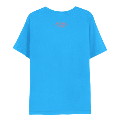 Back: COLDPLAY MUSIC of the SPHERES WORLD TOUR and symbols in salmon pink: sparkles like 3 tiny stars, a triangle with a horizontal line through it, means air in alchemy, an infinity sign, an atom with 3 elliptical orbits and electrons revolving around a nucleus, and a spiral as a cyclone.