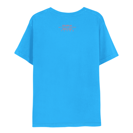 Back: COLDPLAY MUSIC of the SPHERES WORLD TOUR and symbols in salmon pink: sparkles like 3 tiny stars, a triangle with a horizontal line through it, means air in alchemy, an infinity sign, an atom with 3 elliptical orbits and electrons revolving around a nucleus, and a spiral as a cyclone.