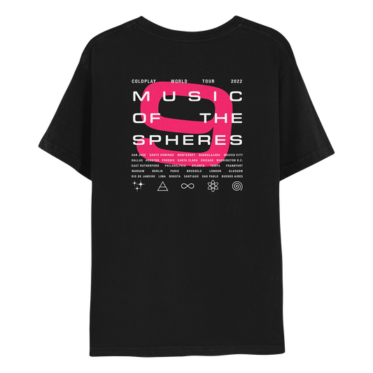 Back: aGiant number9is written in pinkFuchsia, in the center of the shirt, covering a largePart of itsBackSurface. Above this number, inSmallWhiteText, is COLDPLAY WORLD TOUR 2022. inBiggerText is MUSIC,OF THE, SPHERES, laid out in3lines. All2022tourCities are written in white onTheBottomOfTheShirt. Below the number9, are5symbols in white: 3tiny stars as?aTriangleWith aHorizontalLineThroughIt, meaningAirInAlchemy, an??an??with3ellipticalOrbits&electronsSpinningAround aNucleus,&aSpiralAs aCyclone