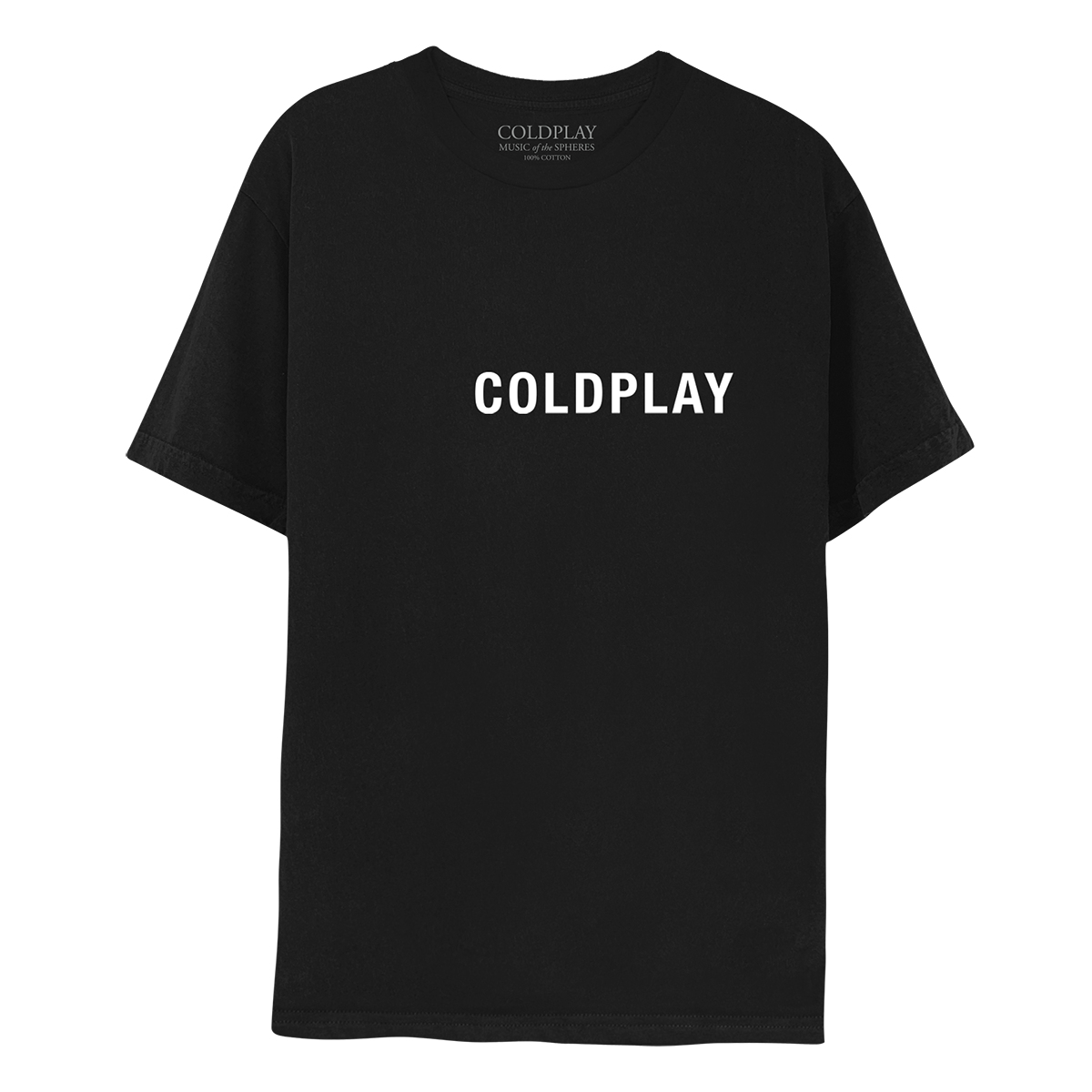 Front: COLDPLAY is printed in large, white, uppercase font, across the chest of a black T-shirt. On the label of the neckline is printed COLDPLAY, MUSIC OF THE SPHERES, 100% COTTON