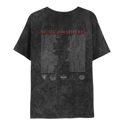 Back:MUSIC OF THE SPHERES in red, above 2022 tour dates in white, in 2 columns;Geometric symbols sit below. Spiral triangle, a fixed border with lines creating a swirl inside. Circles within a circle creating a black hole effect. A square standing on it's edge with smaller squares layered inside; A cube within a 2-D hexagon with lines extending through the top & the lower left and right sides. A set of circles stacked vertically, widening at the middle like a planet's ring. Fabric is washed out dark gray