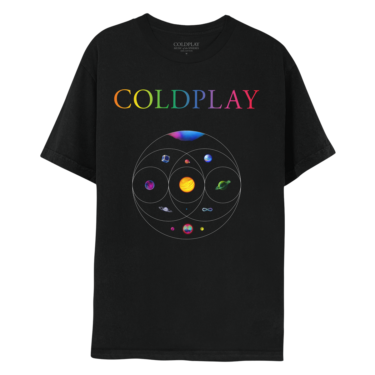 Front: COLDPLAY in neon colors across the chest; 11 planets sit inside eccentric circles which overlap like a Venn diagram below. A pink&blue nebula, blue planet in a silver cube. Pink planet with orange crater&green moon. One where light blue, orange pink streaks flow as water. Yellow and orange sun-like planet, one of magenta&dark blue waves, a green planet with ring made of foliage, an opalescent sphere with large ring, a purple, green&blue infinity sign, and a pink, blue&green planet with neon moons.