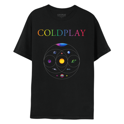 Front: COLDPLAY in neon colors on the chest; 11 planets sit inside eccentric circles which overlap like a Venn diagram below. A pink&blue nebula, blue planet in a silver cube. Pink planet with orange crater&green moon. One where light blue, orange pink streaks flow as water. Yellow and orange sun-like planet, one of magenta&dark blue waves, a green planet with ring made of foliage, an opalescent sphere with large ring, a purple, green&blue infinity sign, and a pink, blue&green planet with neon moons.