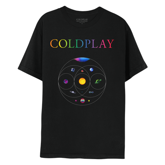 Front: COLDPLAY in neon colors on the chest; 11 planets sit inside eccentric circles which overlap like a Venn diagram below. A pink&blue nebula, blue planet in a silver cube. Pink planet with orange crater&green moon. One where light blue, orange pink streaks flow as water. Yellow and orange sun-like planet, one of magenta&dark blue waves, a green planet with ring made of foliage, an opalescent sphere with large ring, a purple, green&blue infinity sign, and a pink, blue&green planet with neon moons.
