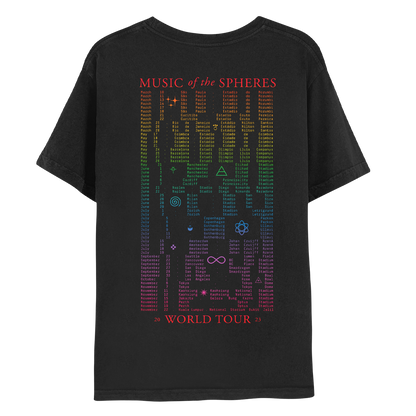 Back: MUSIC of the SPHERES WORLD TOUR 2023 in red; dates printed in a vertical rainbow gradient from red to fuchsia. Geometric symbols are spaced throughout. A lilac triangle with a horizontal line, means air in alchemy, orange sparkles as stars, a purple cross made of squares, a pink infinity sign, a green atom with elliptical orbits & electrons spinning around a nucleus, a yellow spiral swirl as a cyclone, a pink fuchsia sun with wavy rays & 2 blue crescent moons with a triangle in the center.