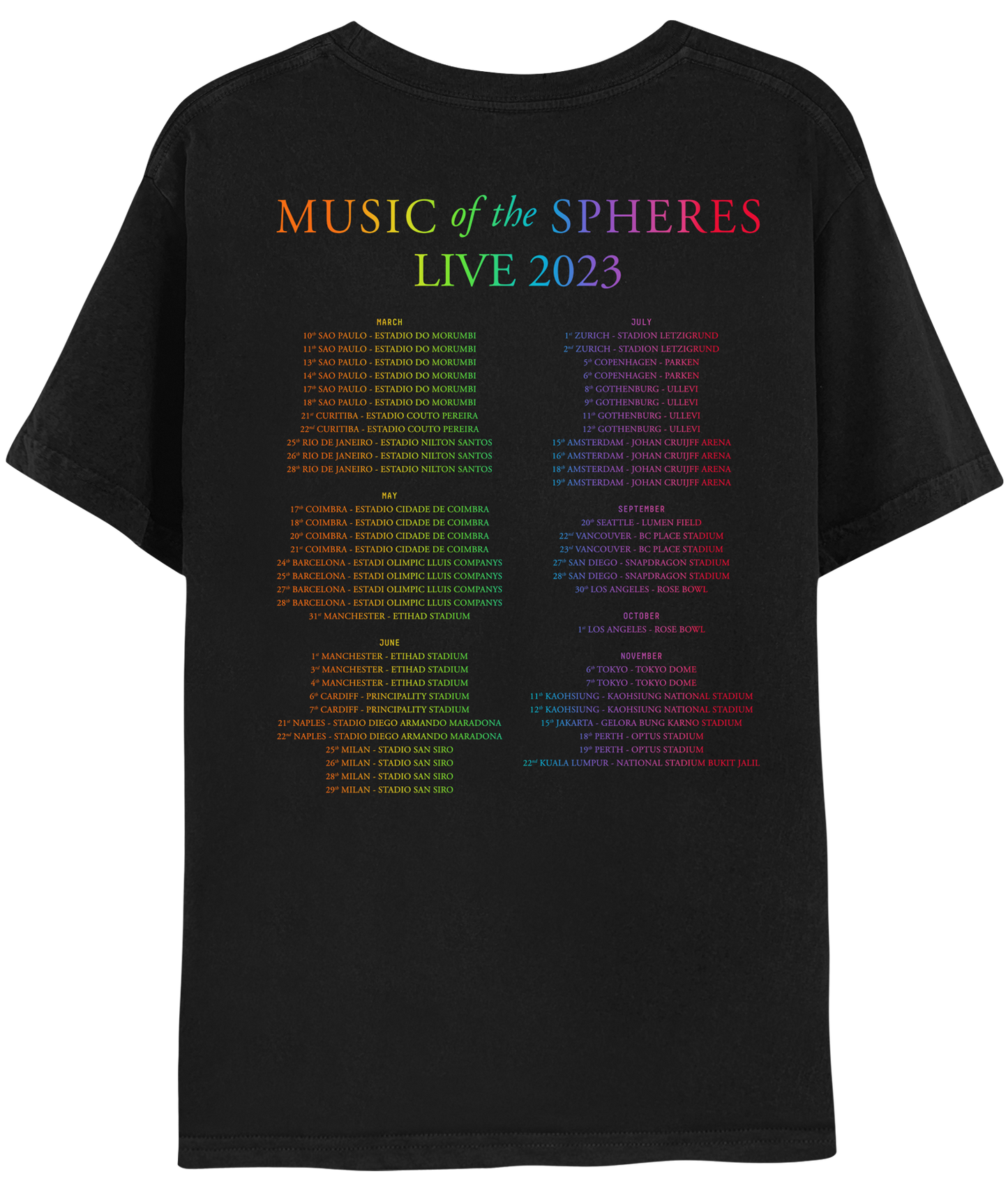 Back: MUSIC OF THE SPHERES and 2023 tour dates, cities and stadiums, in a neon colors gradient of orange, yellow, green, blue, violet, pink and red. LIVE 2023, in light green, yellow, blue, and purple. The dates go from March to November, organized in 2 columns.