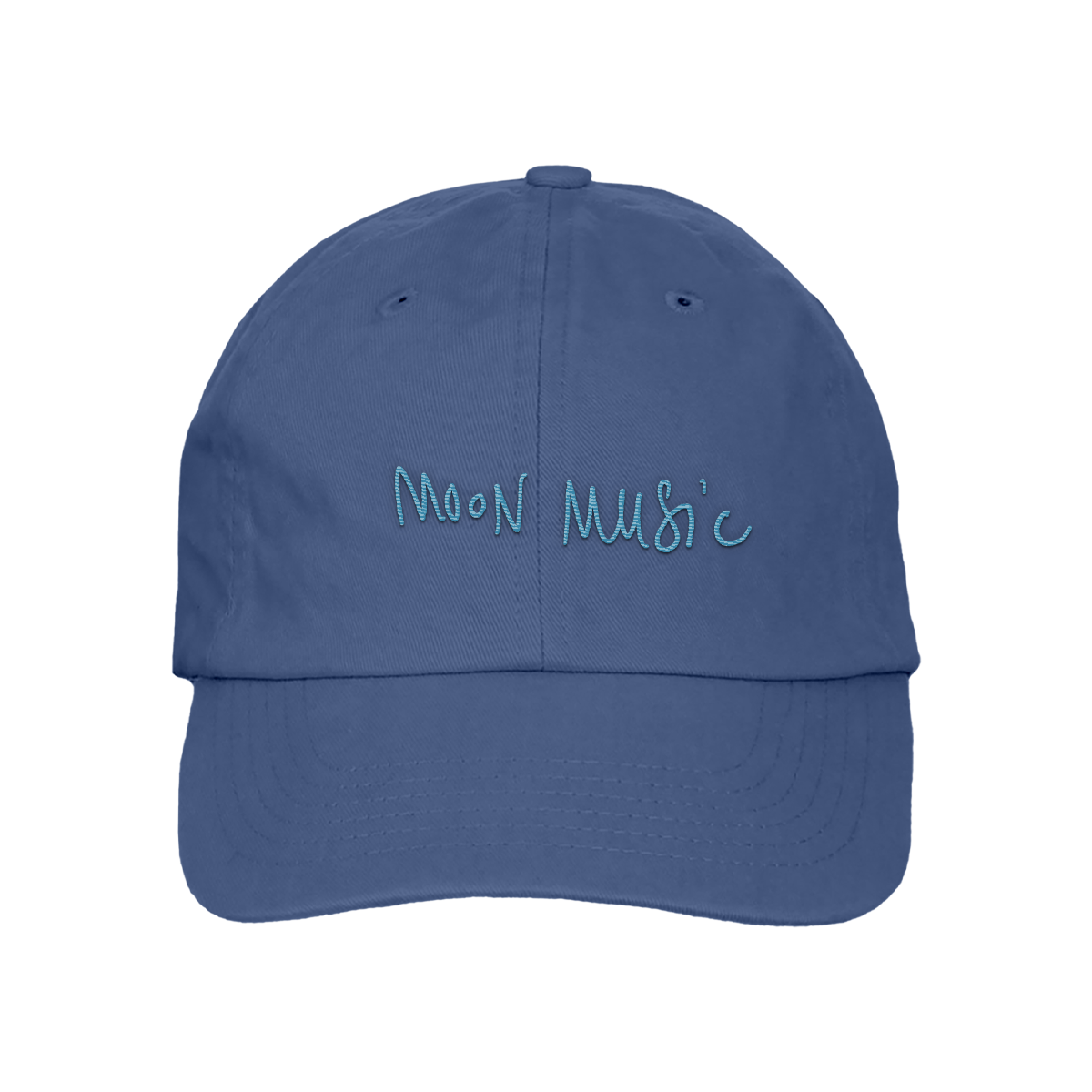 Front: a soft grey-blue baseball cap, with MOON MUSIC embroidered in Chris’s playful, light blue handwritten-style. The letters are slightly uneven, giving it a casual and artistic feel
