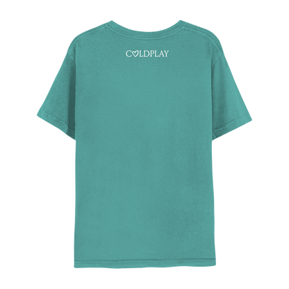 Back: COLDPLAY is printed in white below the neckline with a hand-drawn heart shape making the letter O; The text is in a serif style, with small lines or strokes attached to the ends of the letters.