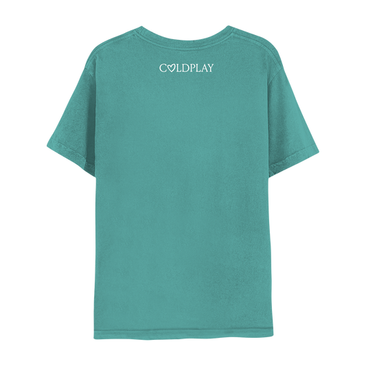 Back: COLDPLAY is printed in white below the neckline with a hand-drawn heart shape making the letter O; The text is in a serif style, with small lines or strokes attached to the ends of the letters.