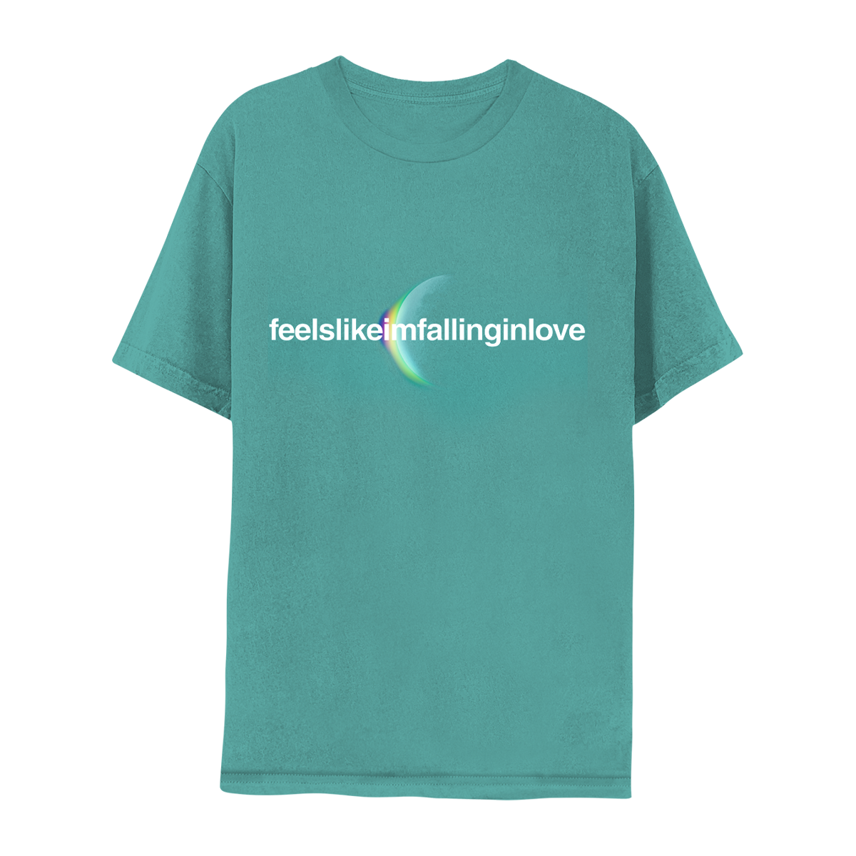 Front: feelslikeimfallinginlove written in white. A crescent moon glows from behind with an eclipsing light dispersion: from the cotton cloud-like white of the moon, to a light greenish hue, to soft pale yellow, to purple, giving it a dreamy, ethereal quality. The fabric is teal, a blueish shade of green.