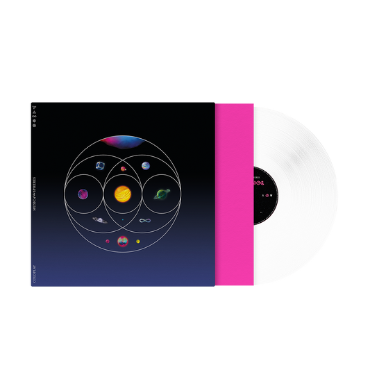 1: Vinyl, brightPinkSleeve&cover: 11planetsIn circles overlap likeVennDiagram: pink, blue, green&purpleNebula. GreenPlanet ofFlowers, turquoiseRivers&foliage??RadiantGoldenSphere of solarFlares&fireOrangeLava. Planet of darkBlue, magenta&white oceanWaves. DeepBlue circuitBoardPlanet in silverCube.1of purple&indigoSwirls.1as aPurple, blue&green??Blue&purplePlanet. PinkSphere withOrangeCrater&greenMoon. BrightBlueOpal with??&pink, blue, purple&greenPlanet with pink&yellowNeonMoons. CoverFades fromBlack toBlue