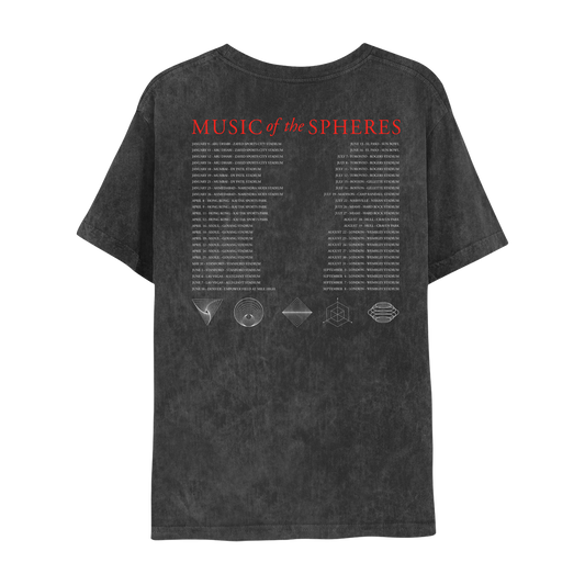 Back:MUSIC OF THE SPHERES in red, above 2025 tour dates in white, in 2 columns;Geometric symbols sit below. Spiral triangle, a fixed border with lines creating a swirl inside. Circles within a circle creating a black hole effect. A square standing on it's edge with smaller squares layered inside; A cube within a 2-D hexagon with lines extending through the top & the lower left and right sides. A set of circles stacked vertically, widening at the middle like a planet's ring. Fabric is washed out dark gray