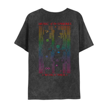 Back: MUSIC of the SPHERES WORLD TOUR 2025 in red; dates printed in a vertical rainbow gradient from red to fuchsia. Geometric symbols are spaced throughout. A lilac triangle with a horizontal line, means air in alchemy, orange sparkles as stars, a purple cross made of squares, a pink infinity sign, a green atom with elliptical orbits & electrons spinning around a nucleus, a yellow spiral swirl as a cyclone, a pink fuchsia sun with wavy rays & 2 blue crescent moons with a triangle in the center.