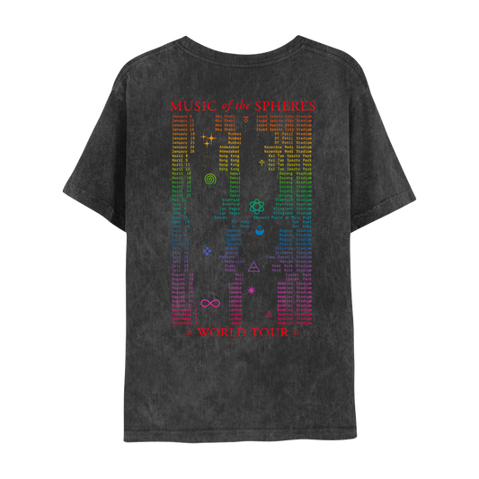 Back: MUSIC of the SPHERES WORLD TOUR 2025 in red; dates printed in a vertical rainbow gradient from red to fuchsia. Geometric symbols are spaced throughout. A lilac triangle with a horizontal line, means air in alchemy, orange sparkles as stars, a purple cross made of squares, a pink infinity sign, a green atom with elliptical orbits & electrons spinning around a nucleus, a yellow spiral swirl as a cyclone, a pink fuchsia sun with wavy rays & 2 blue crescent moons with a triangle in the center.