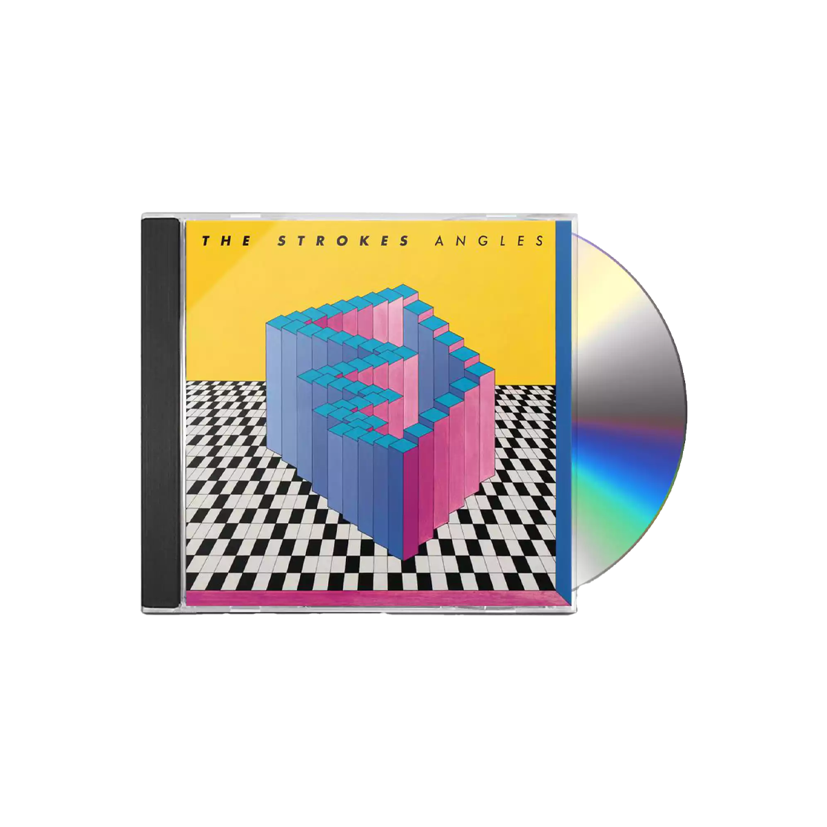 CD poking out of the case with a cover art featuring a geometric design with pink and blue blocks on a checkered background, with the album title 'Angles' and the artist name 'The Strokes'.