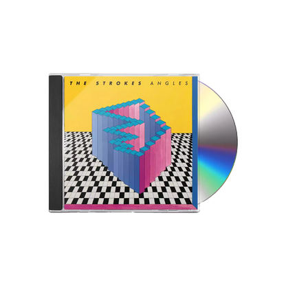 CD poking out of the case with a cover art featuring a geometric design with pink and blue blocks on a checkered background, with the album title 'Angles' and the artist name 'The Strokes'.
