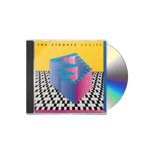CD poking out of the case with a cover art featuring a geometric design with pink and blue blocks on a checkered background, with the album title 'Angles' and the artist name 'The Strokes'.