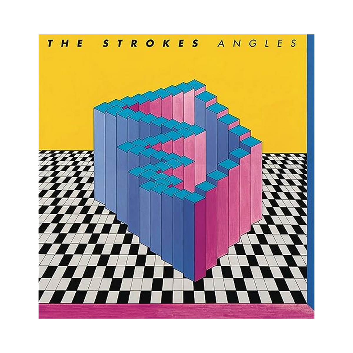 Album cover art featuring a geometric design with pink and blue blocks on a checkered background, with the album title 'Angles' and the artist name 'The Strokes'.