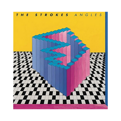 The album cover art featuring a geometric design with pink and blue blocks on a checkered background, with the album title 'Angles' and the artist name 'The Strokes'.
