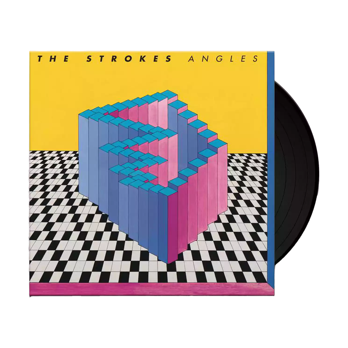 A black vinyl poking out of the case with a cover art featuring a geometric design with pink and blue blocks on a checkered background, with the album title 'Angles' and the artist name 'The Strokes'.