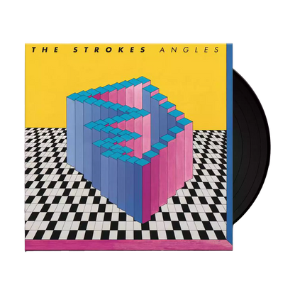 A black vinyl poking out of the case with a cover art featuring a geometric design with pink and blue blocks on a checkered background, with the album title 'Angles' and the artist name 'The Strokes'.